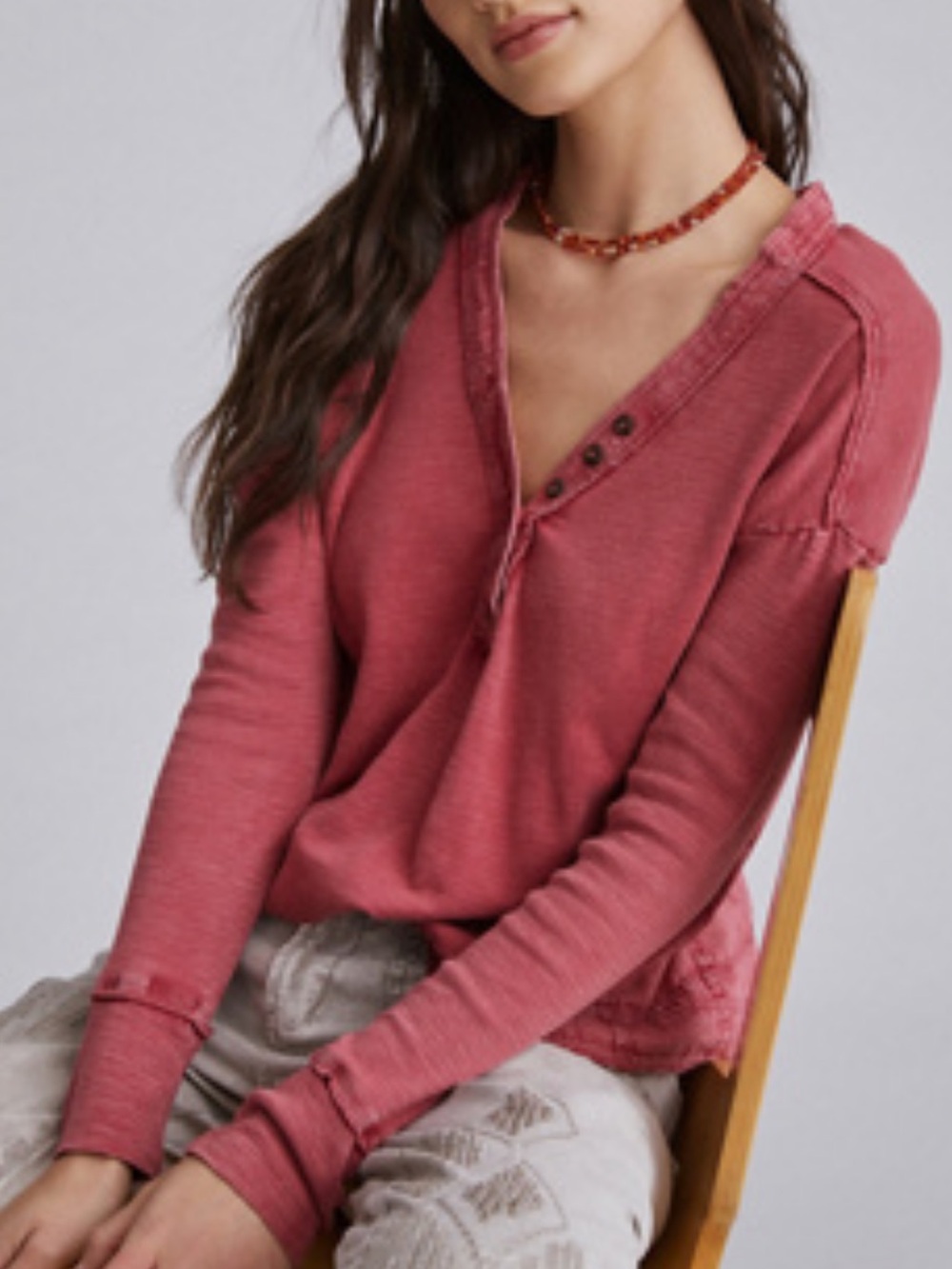 Pilcro Rose Long-Sleeve Henley Swing Top